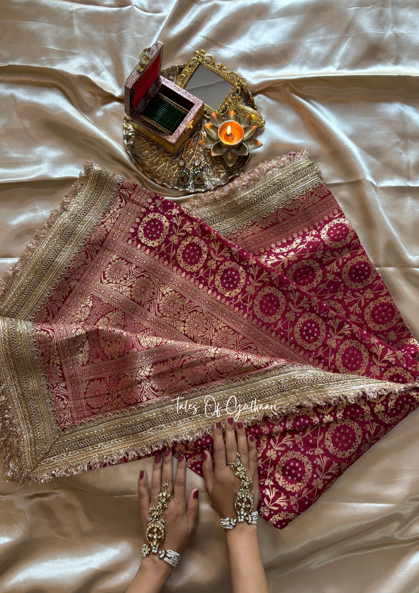 The Noor-E-Bandhej ~ Soft Katan Silk Saree In Maroon with Lace Work