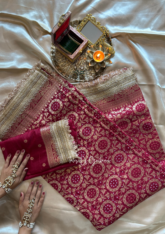 The Noor-E-Bandhej ~ Soft Katan Silk Saree In Maroon with Lace Work