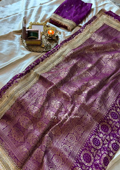 The Noor-E-Bandhej ~ Soft Katan Silk Saree In Purple with Lace Work