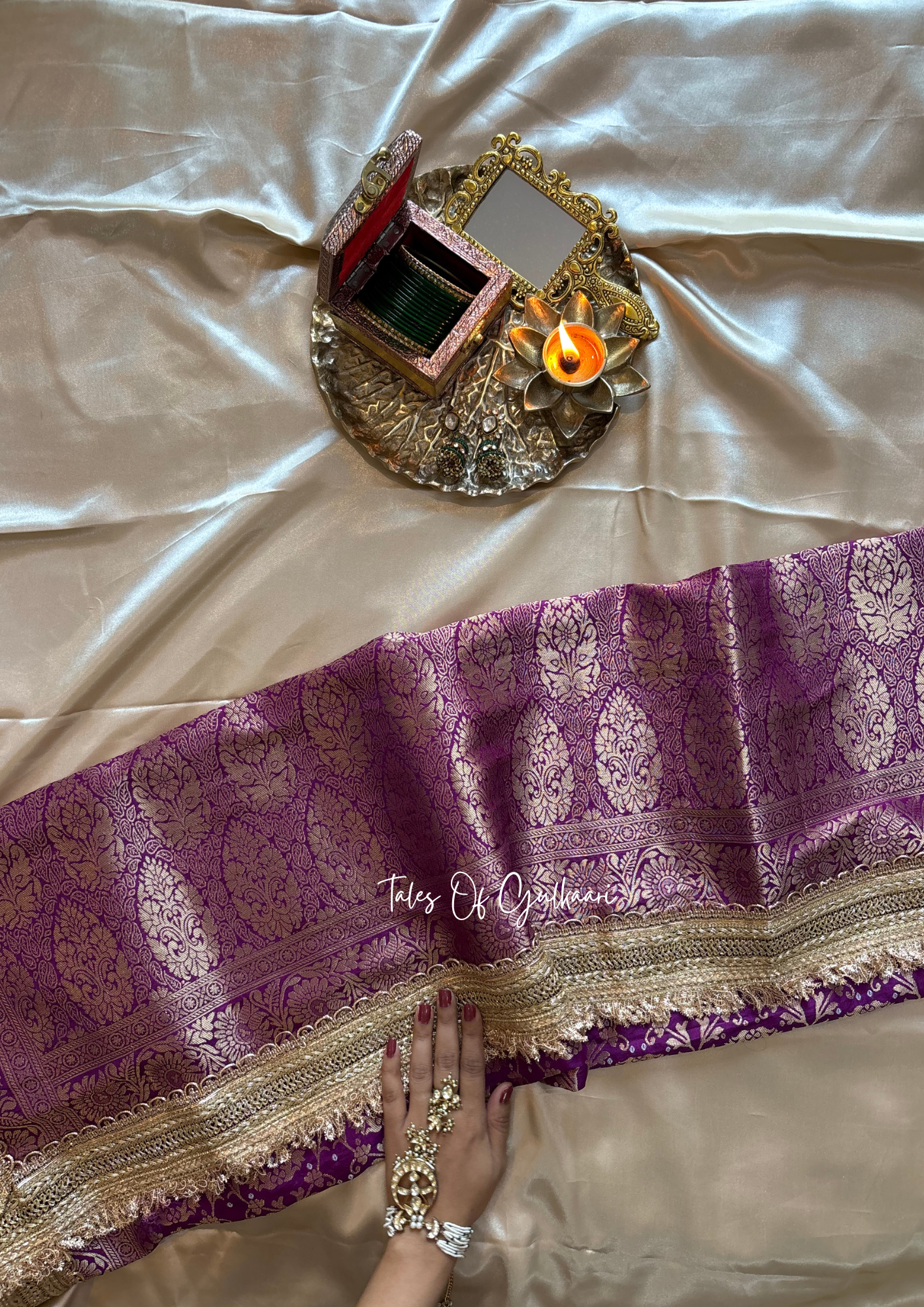 The Noor-E-Bandhej ~ Soft Katan Silk Saree In Purple with Lace Work