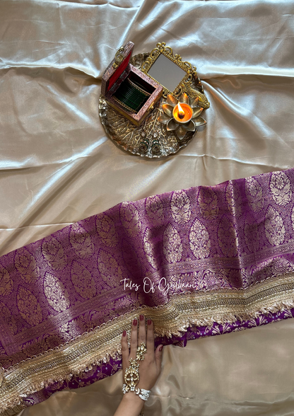 The Noor-E-Bandhej ~ Soft Katan Silk Saree In Purple with Lace Work