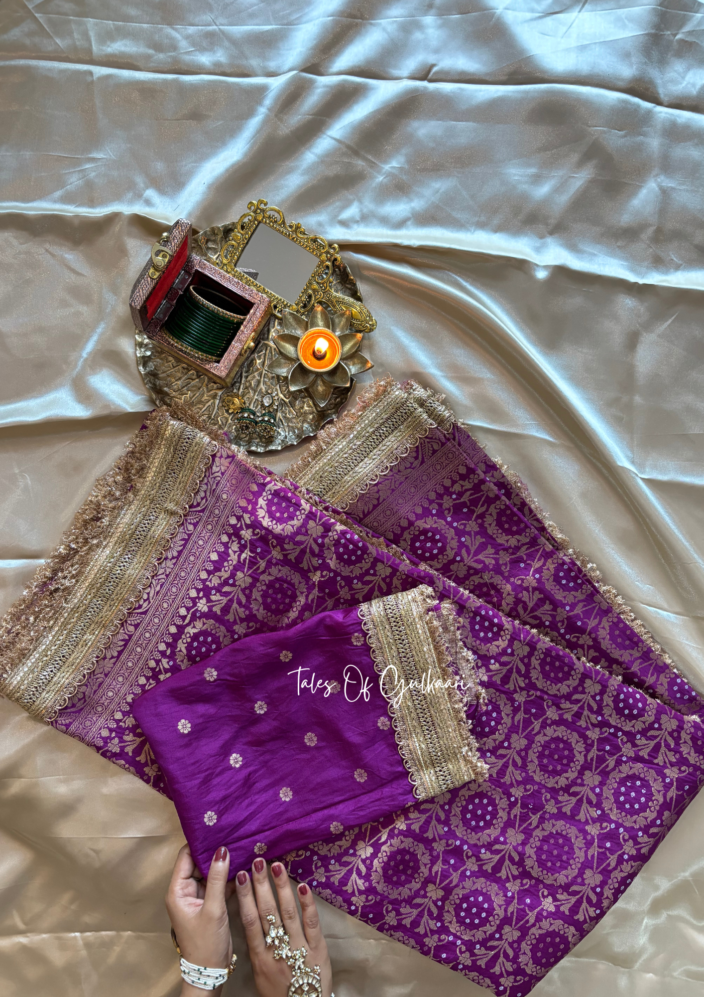The Noor-E-Bandhej ~ Soft Katan Silk Saree In Purple with Lace Work