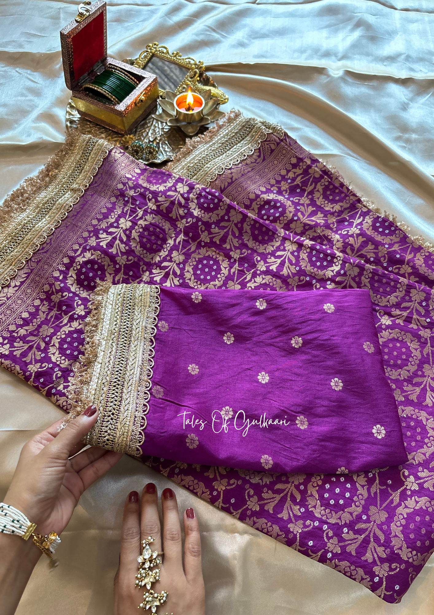 The Noor-E-Bandhej ~ Soft Katan Silk Saree In Purple with Lace Work
