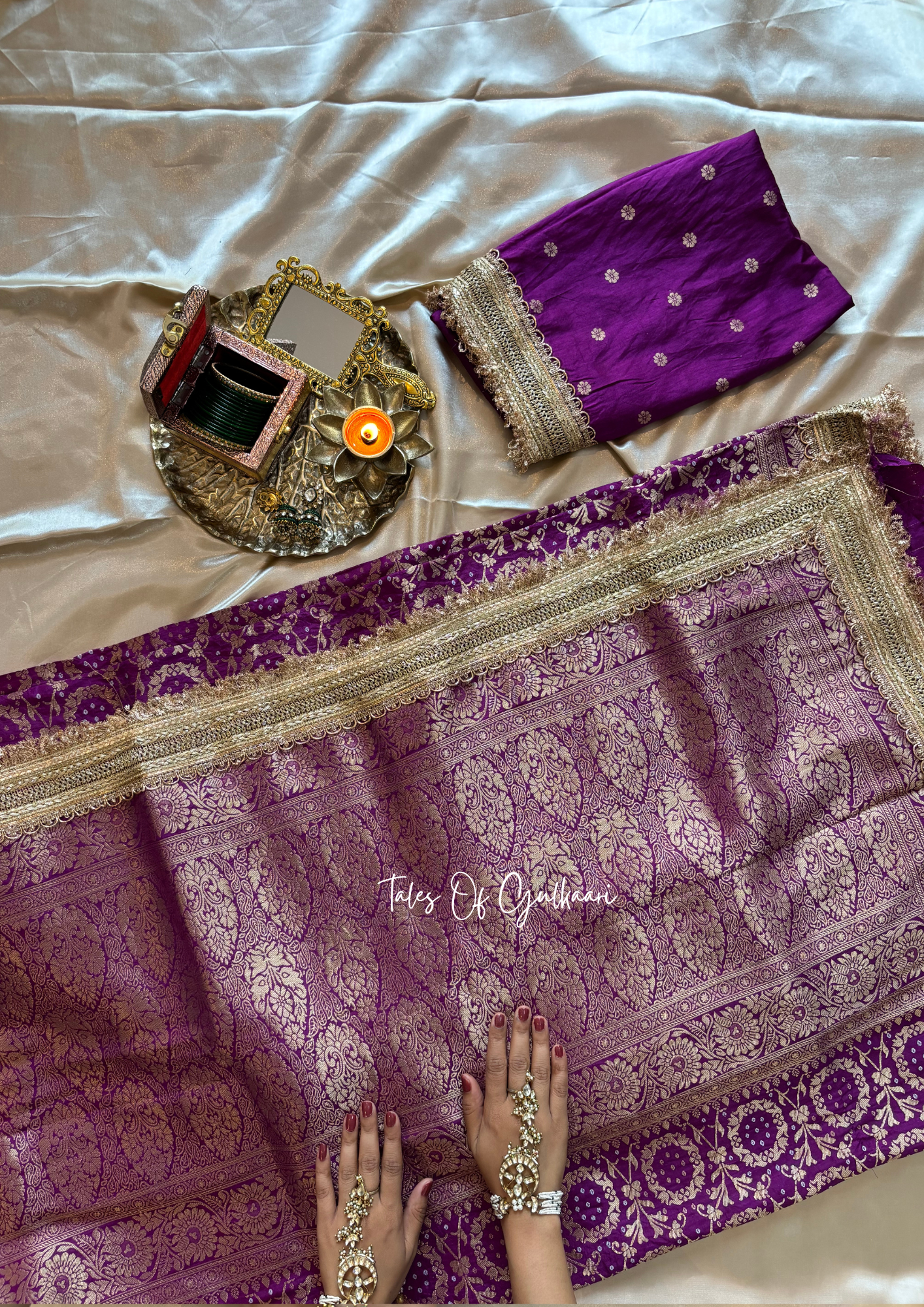 The Noor-E-Bandhej ~ Soft Katan Silk Saree In Purple with Lace Work