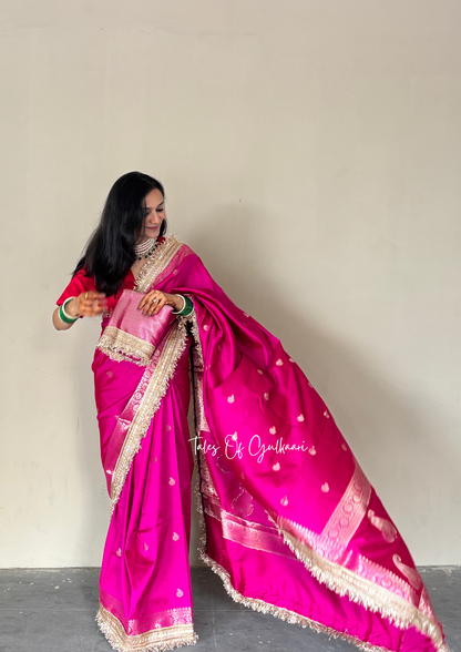 The Nazakat ~ Soft Silk Saree In Hot Pink with Lace Work