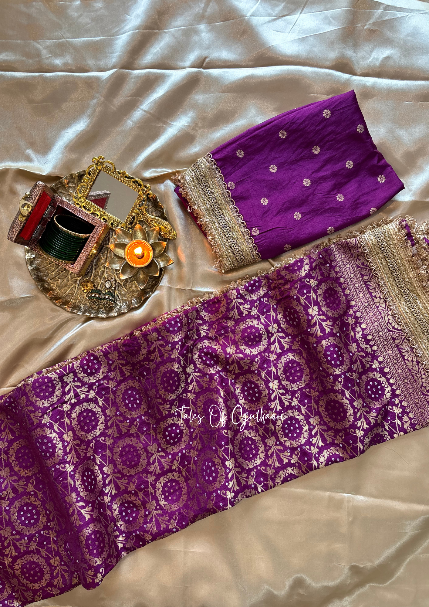 The Noor-E-Bandhej ~ Soft Katan Silk Saree In Purple with Lace Work