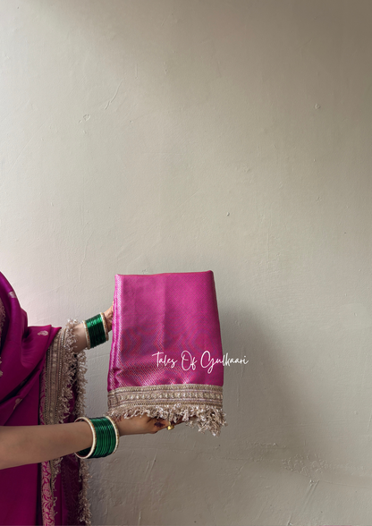 The Nazakat ~ Soft Silk Saree In Hot Pink with Lace Work