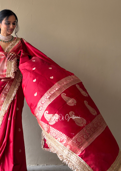 The Nazakat ~ Soft Silk Saree In Red with Lace Work