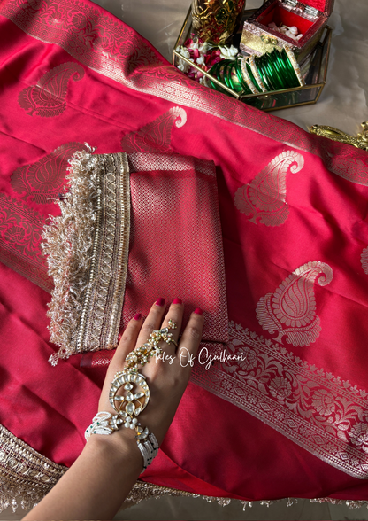 The Nazakat ~ Soft Silk Saree In Red with Lace Work