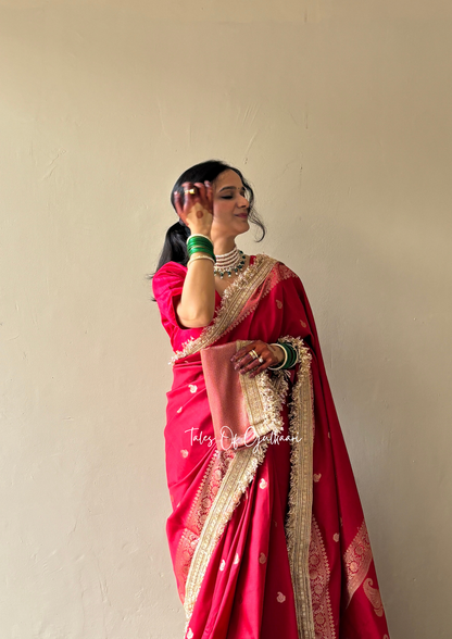 The Nazakat ~ Soft Silk Saree In Red with Lace Work