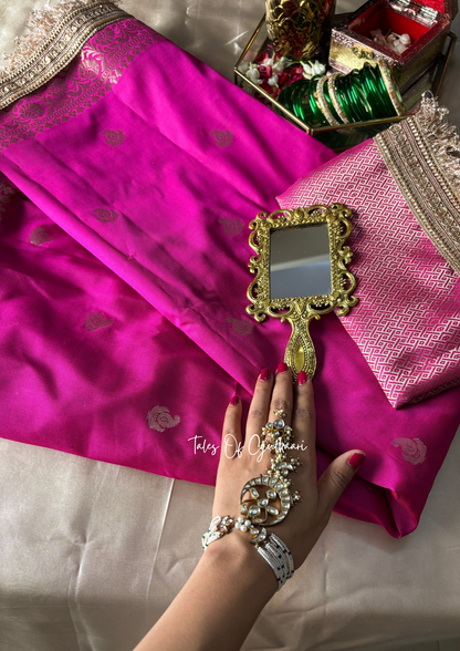 The Nazakat ~ Soft Silk Saree In Hot Pink with Lace Work