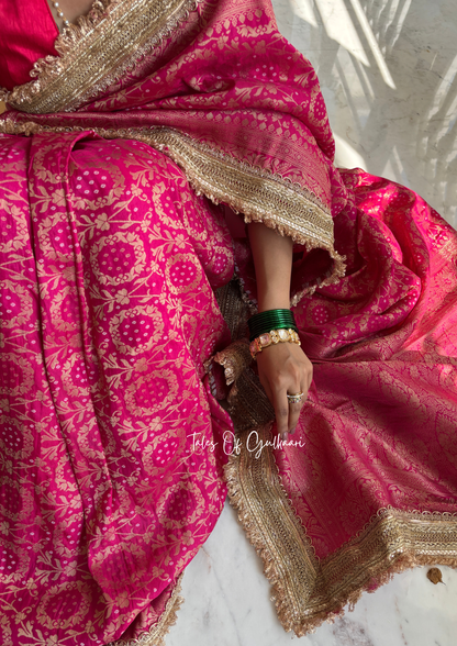 The Noor-E-Bandhej ~ Soft Katan Silk Saree In Pink with Lace Work