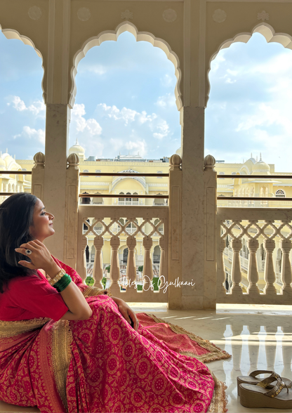 The Noor-E-Bandhej ~ Soft Katan Silk Saree In Pink with Lace Work