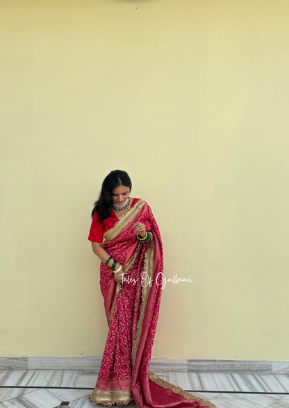 The Noor-E-Bandhej ~ Soft Katan Silk Saree In Pink with Lace Work