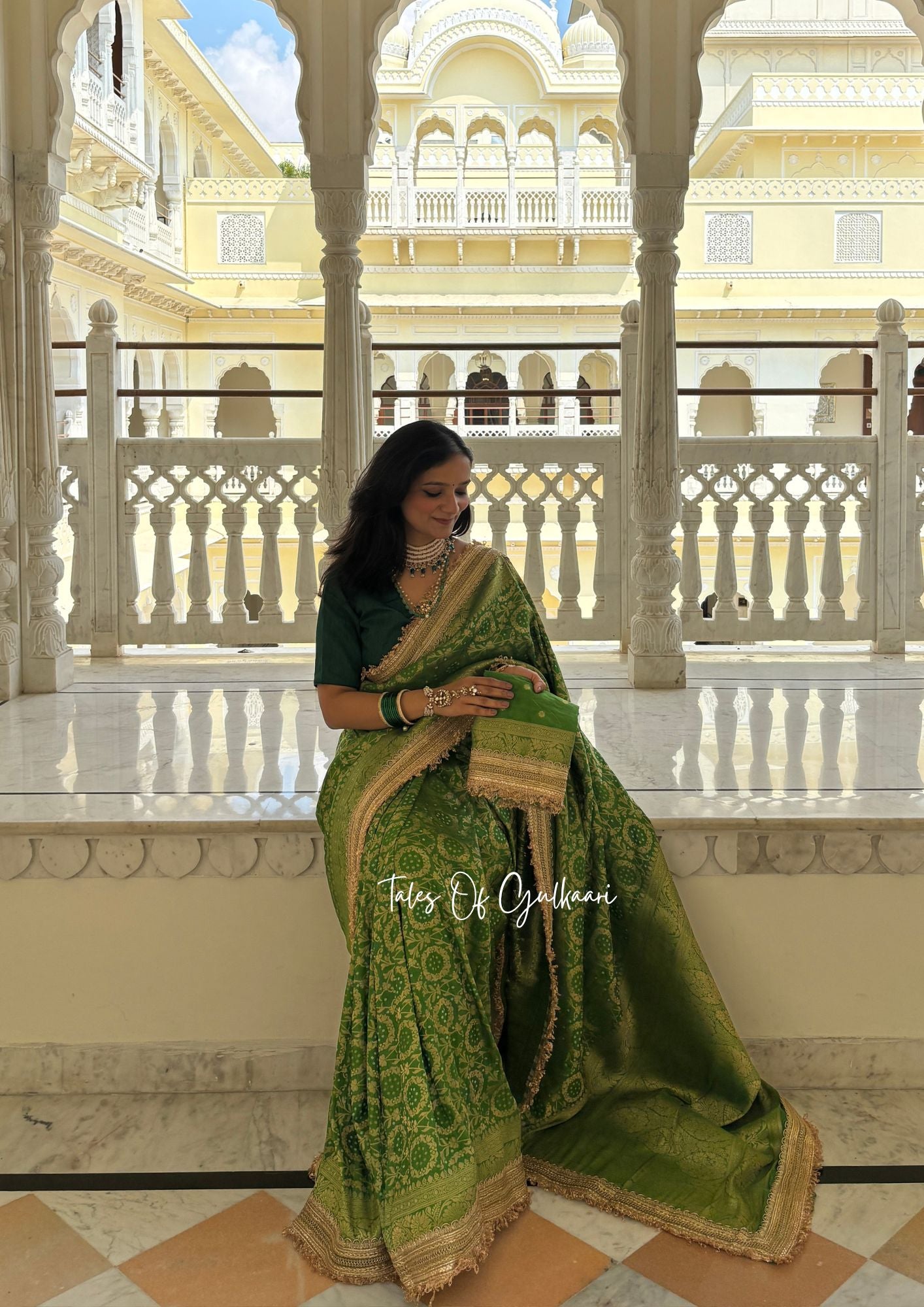 The Noor-E-Bandhej ~ Soft Katan Silk Saree In Green Color with Lace Work