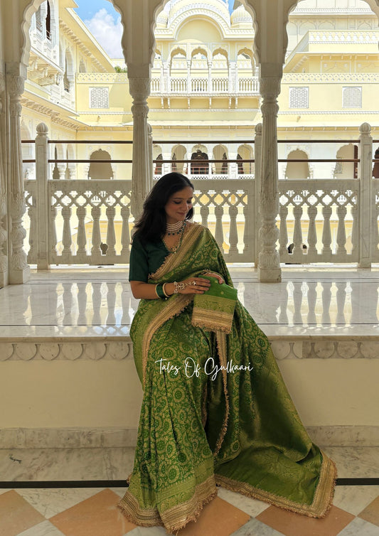 The Noor-E-Bandhej ~ Soft Katan Silk Saree In Green Color with Lace Work