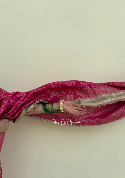 The Noor-E-Bandhej ~ Soft Katan Silk Saree In Pink with Lace Work