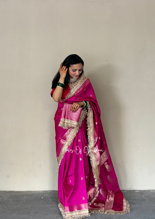 The Nazakat ~ Soft Silk Saree In Hot Pink with Lace Work