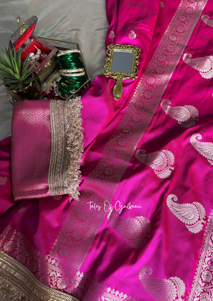 The Nazakat ~ Soft Silk Saree In Hot Pink with Lace Work