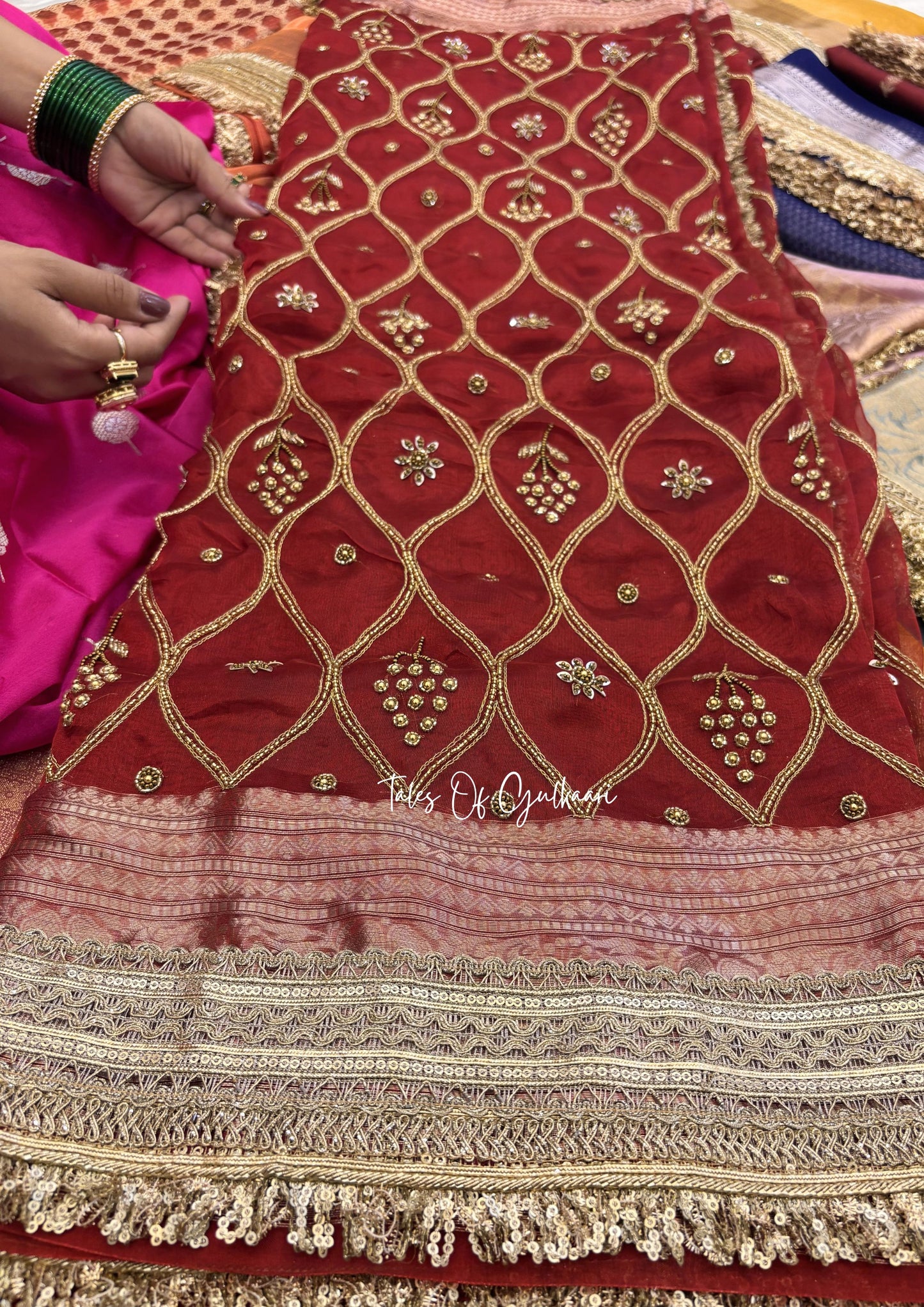 Deep Red Pure Tissue Silk Jaal Work Saree (with Intricate Hand Embroidery)