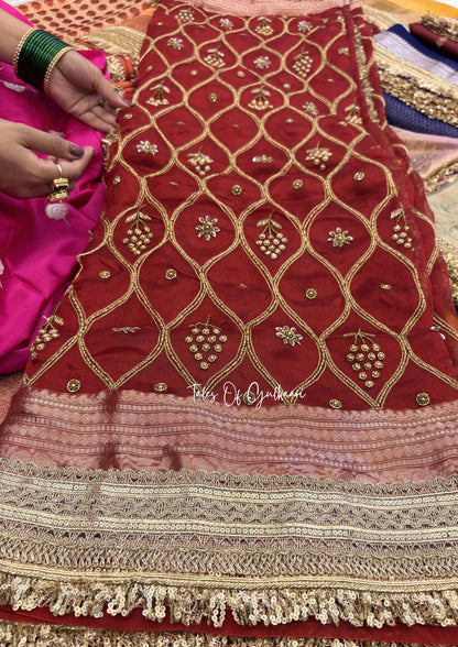 Deep Red Pure Tissue Silk Jaal Work Saree (with Intricate Hand Embroidery)