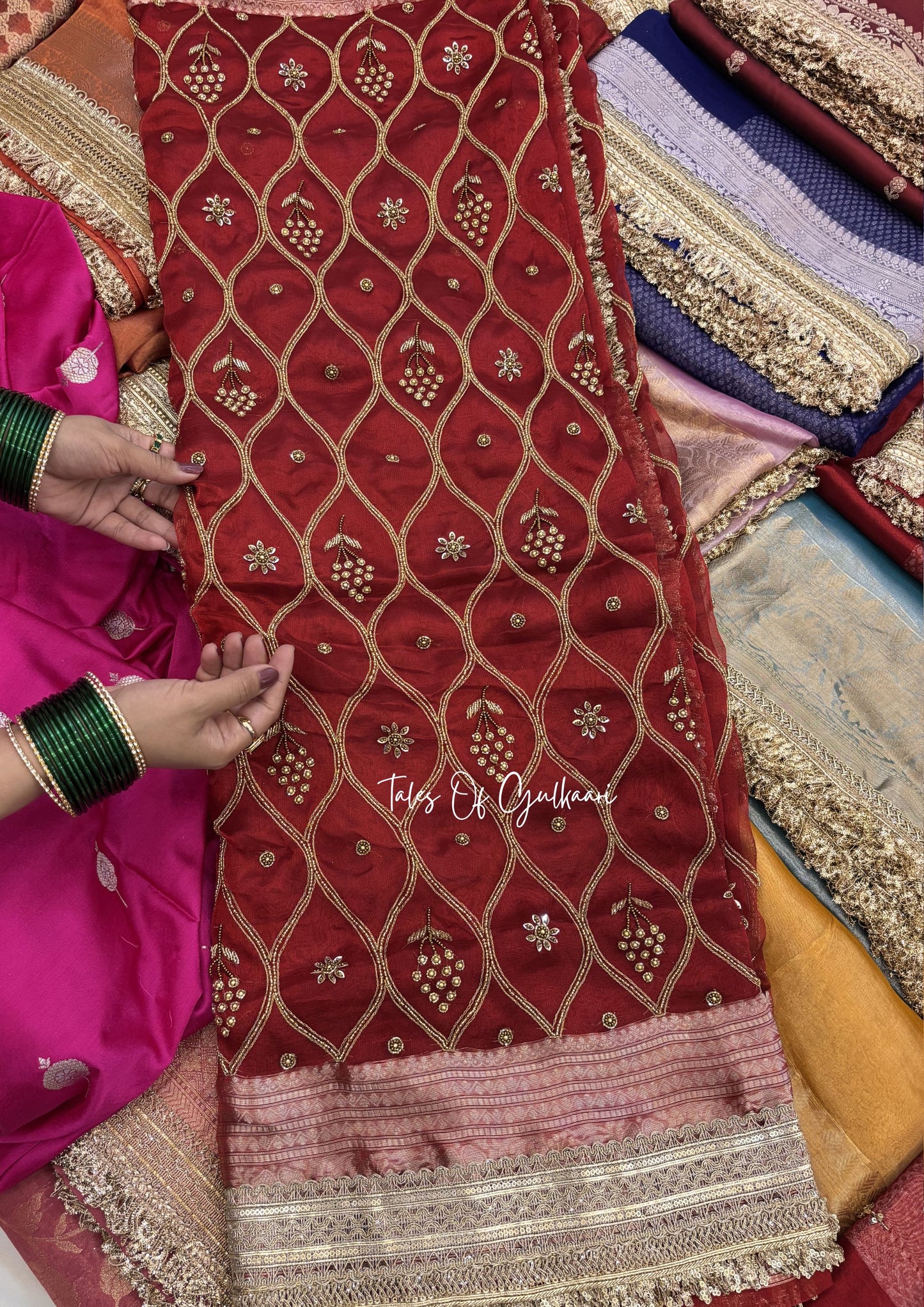 Deep Red Pure Tissue Silk Jaal Work Saree (with Intricate Hand Embroidery)