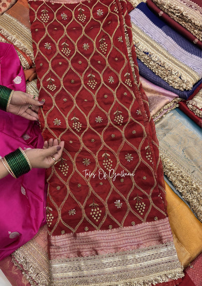 Deep Red Pure Tissue Silk Jaal Work Saree (with Intricate Hand Embroidery)