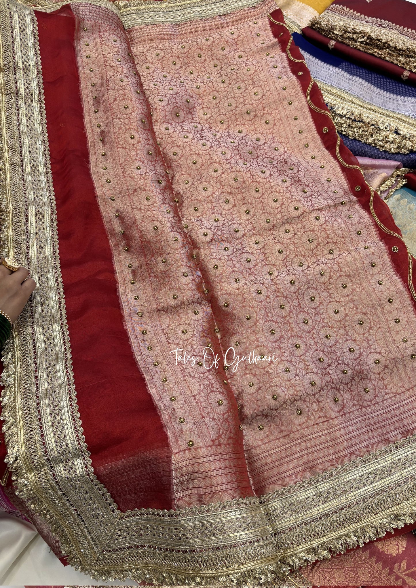 Deep Red Pure Tissue Silk Jaal Work Saree (with Intricate Hand Embroidery)