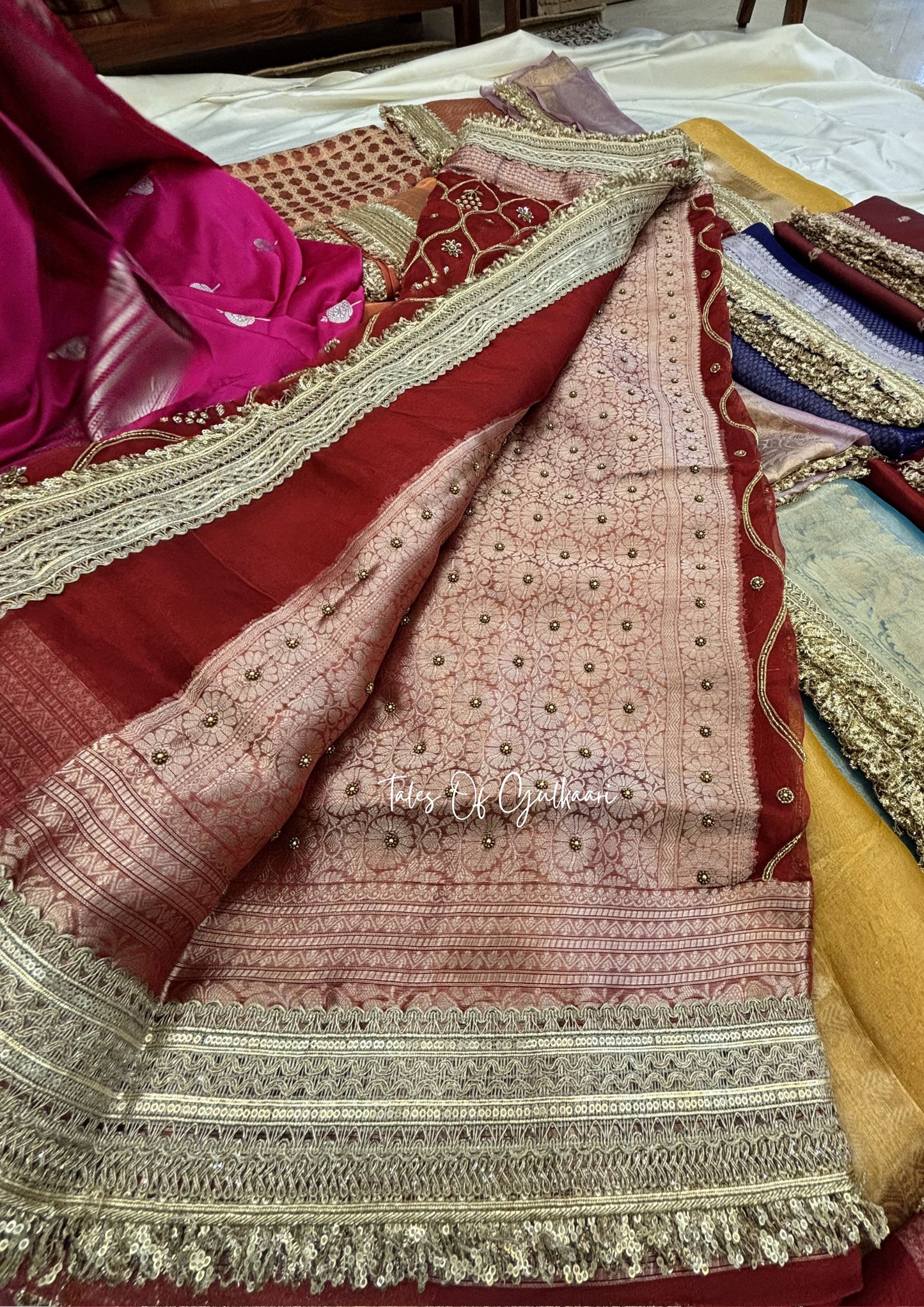 Deep Red Pure Tissue Silk Jaal Work Saree (with Intricate Hand Embroidery)