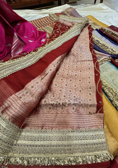 Deep Red Pure Tissue Silk Jaal Work Saree (with Intricate Hand Embroidery)