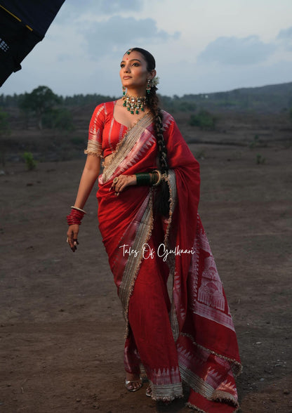 The “Mandap” Saree - Premium Ghiccha Cotton Saree In Red with Weaving Work