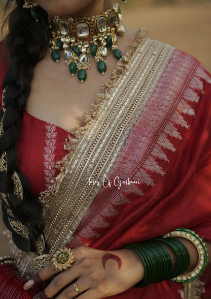 The “Mandap” Saree - Premium Ghiccha Cotton Saree In Red with Weaving Work