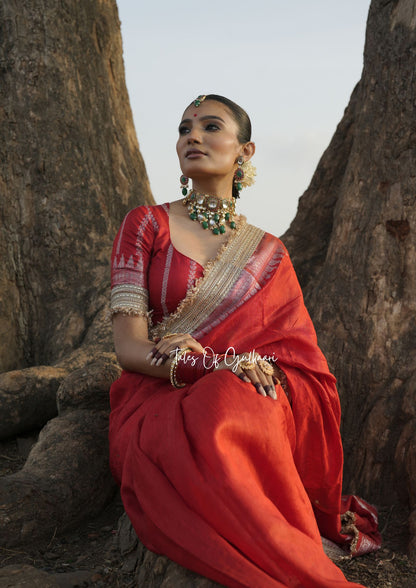 The “Mandap” Saree - Premium Ghiccha Cotton Saree In Red with Weaving Work