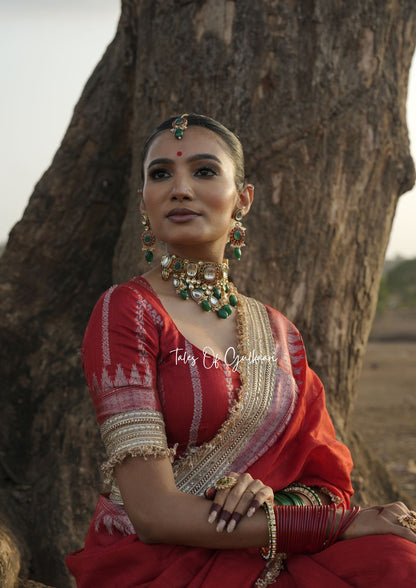 The “Mandap” Saree - Premium Ghiccha Cotton Saree In Red with Weaving Work