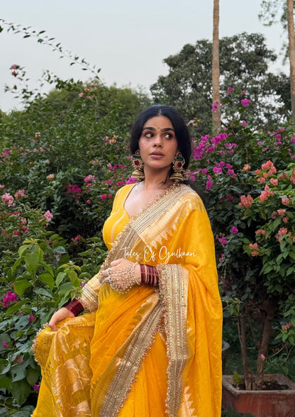 The “Mandap” Saree - Premium Ghiccha Cotton Saree In Yellow with Weaving Work