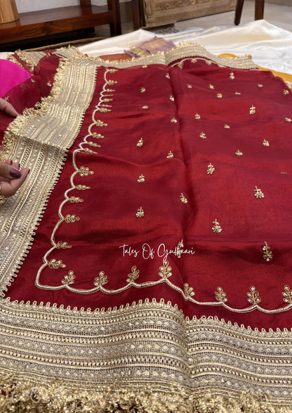 Red Pure Tissue Silk Saree with Intricate Hand Embroidery & Pure Brocade Blouse