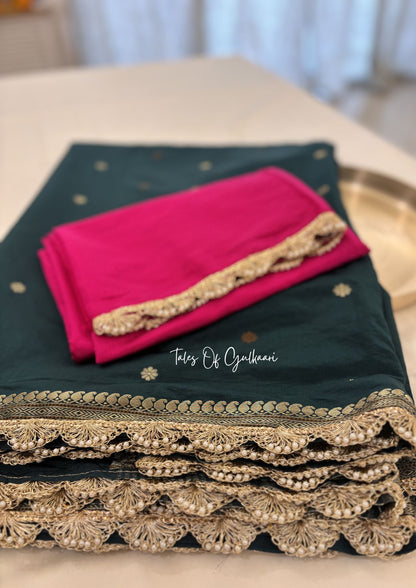 The Meher ~ Butter Silk Saree in Green with Contrast Blouse & Lace Work