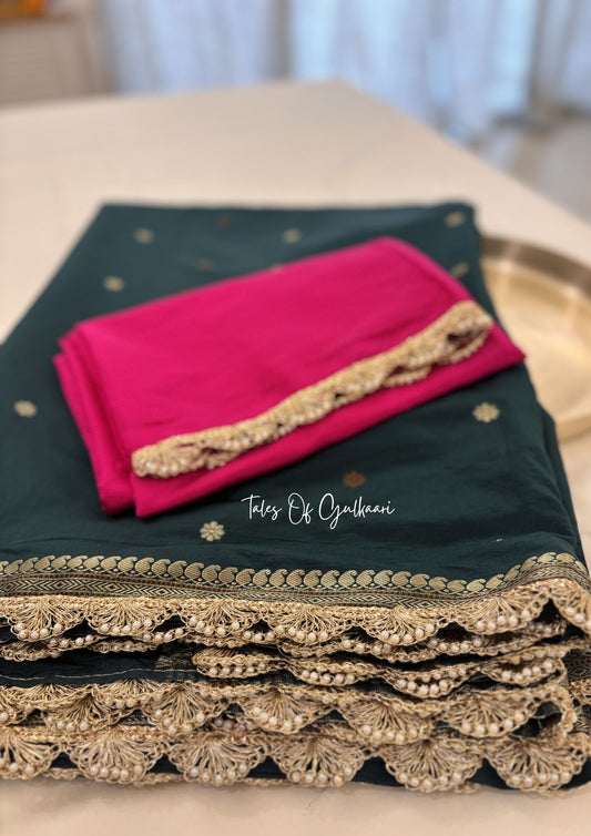 The Meher ~ Butter Silk Saree in Green with Contrast Blouse & Lace Work