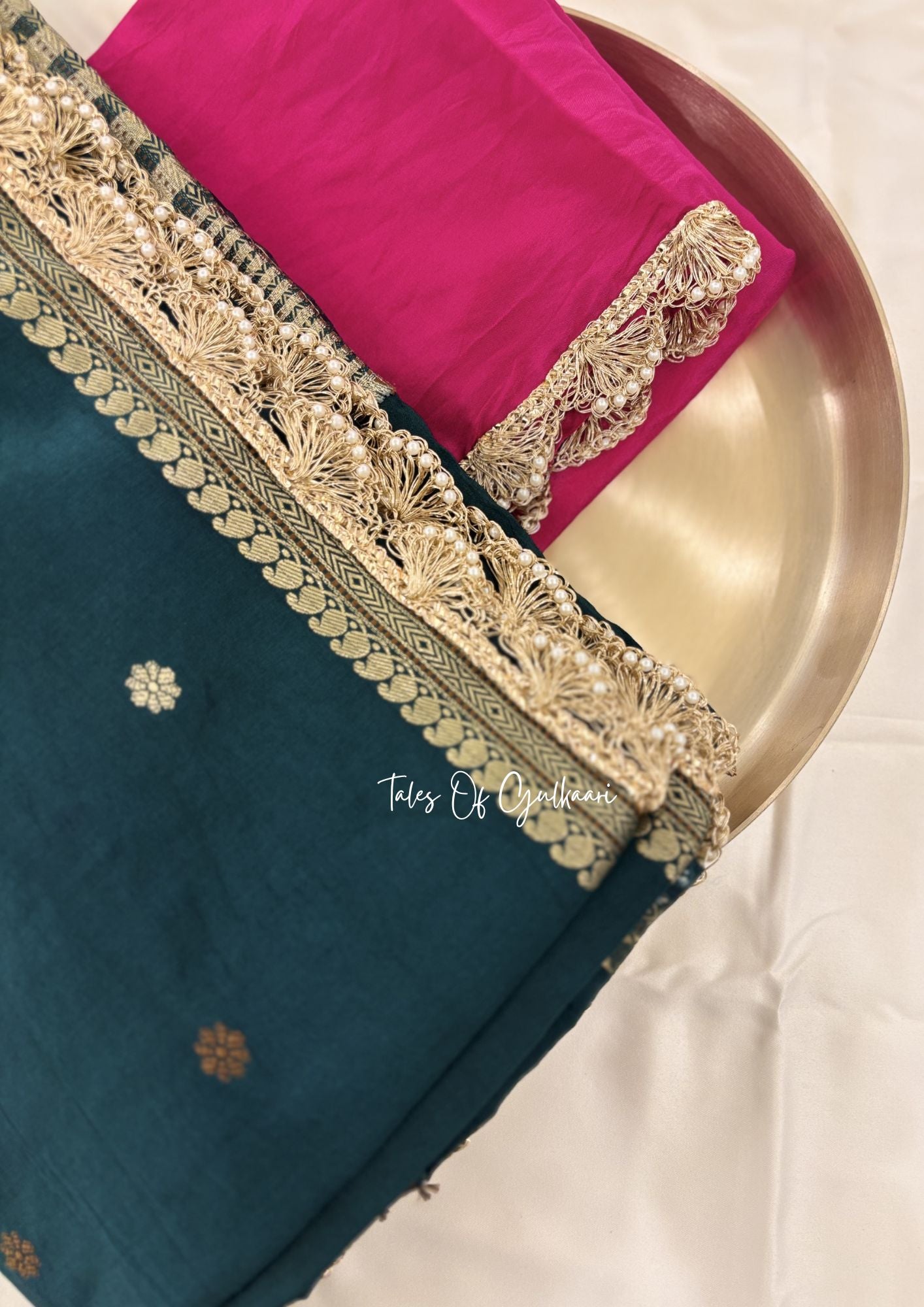 The Meher ~ Butter Silk Saree in Green with Contrast Blouse & Lace Work