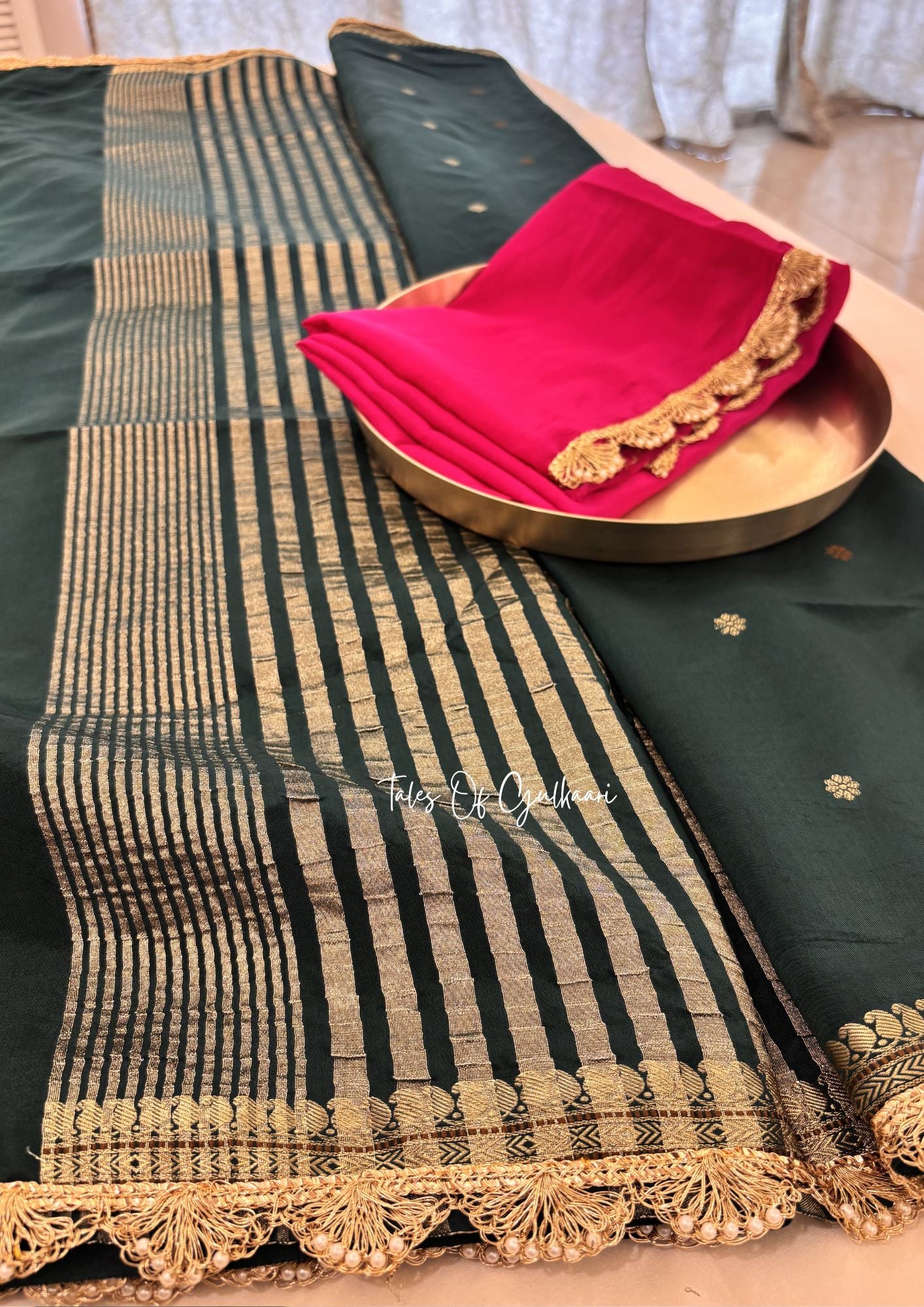The Meher ~ Butter Silk Saree in Green with Contrast Blouse & Lace Work