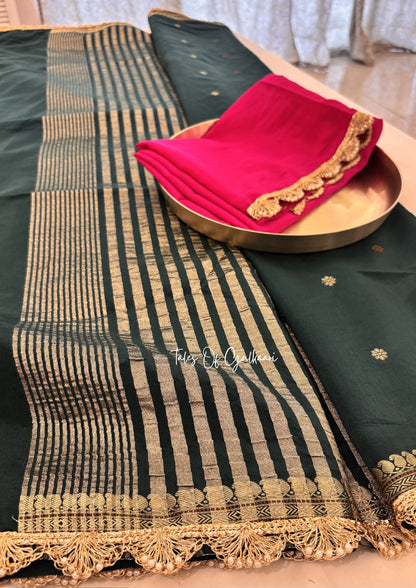 The Meher ~ Butter Silk Saree in Green with Contrast Blouse & Lace Work