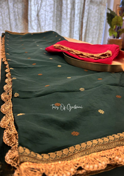 The Meher ~ Butter Silk Saree in Green with Contrast Blouse & Lace Work