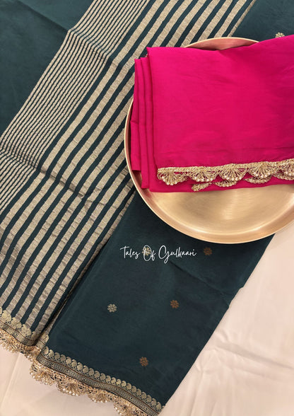 The Meher ~ Butter Silk Saree in Green with Contrast Blouse & Lace Work