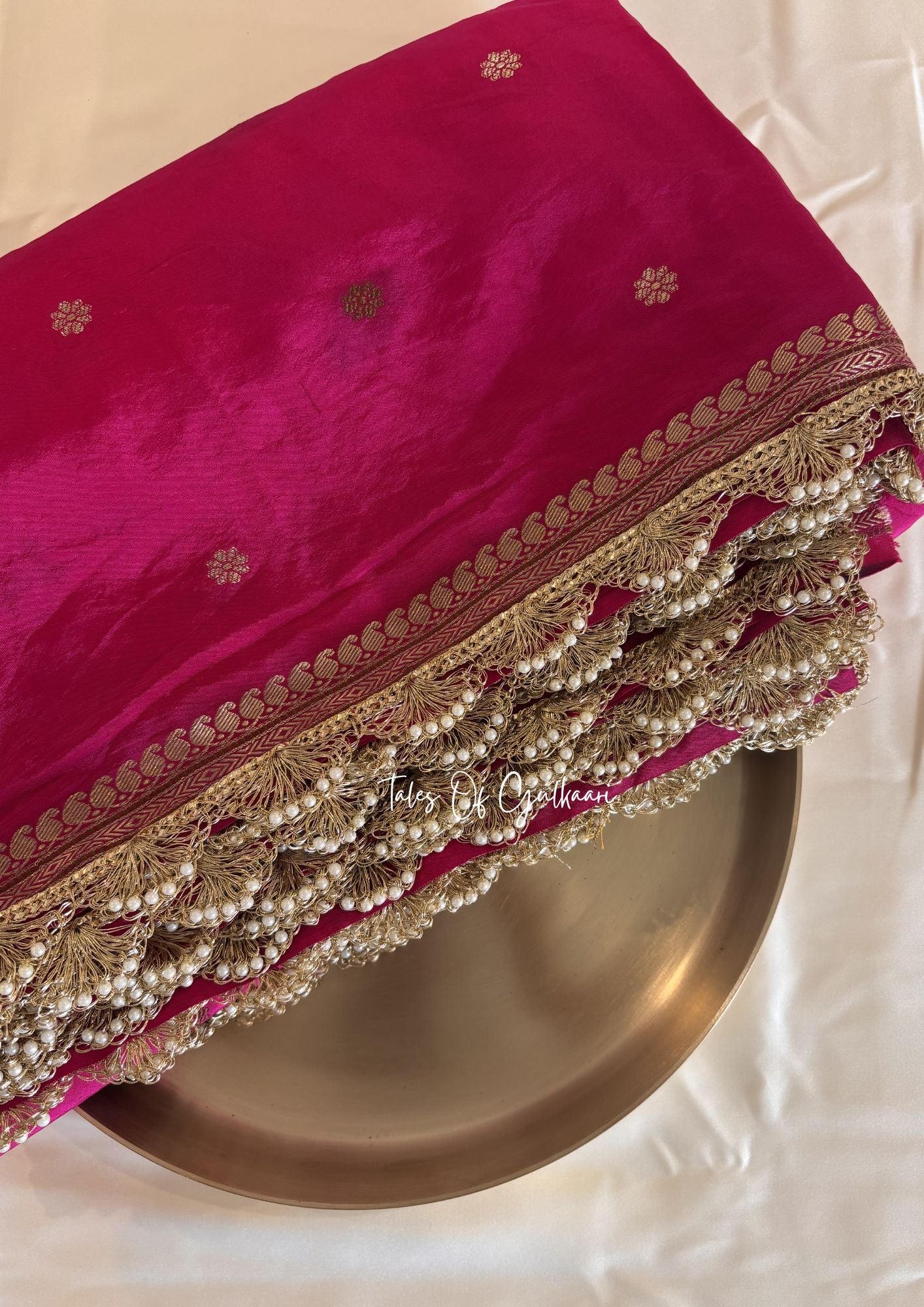 The Meher ~ Butter Silk Saree in Pink with Contrast Blouse & Lace Work