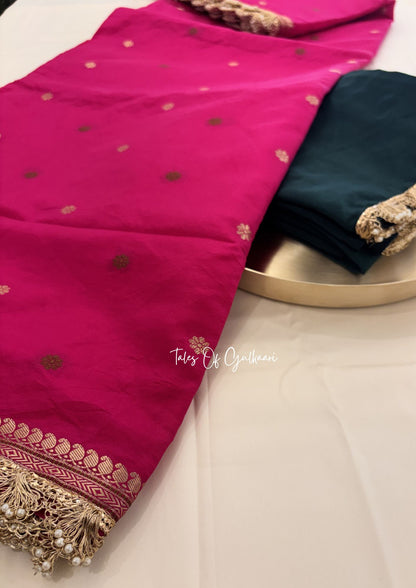 The Meher ~ Butter Silk Saree in Pink with Contrast Blouse & Lace Work