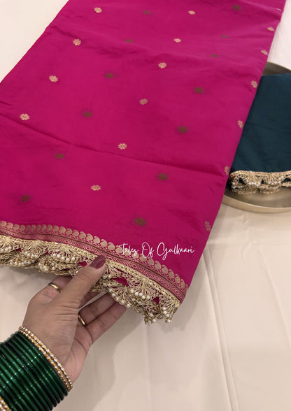 The Meher ~ Butter Silk Saree in Pink with Contrast Blouse & Lace Work