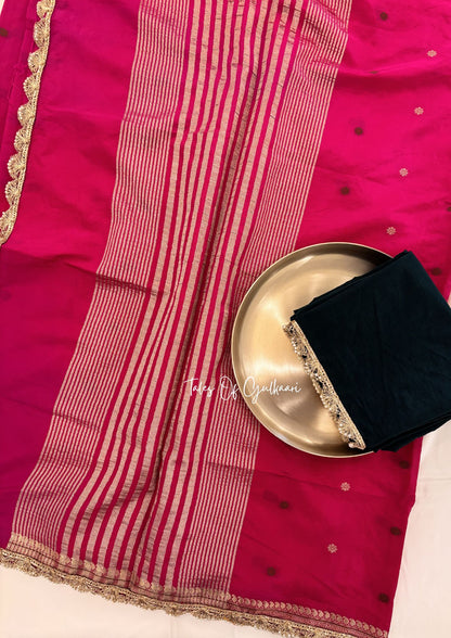 The Meher ~ Butter Silk Saree in Pink with Contrast Blouse & Lace Work