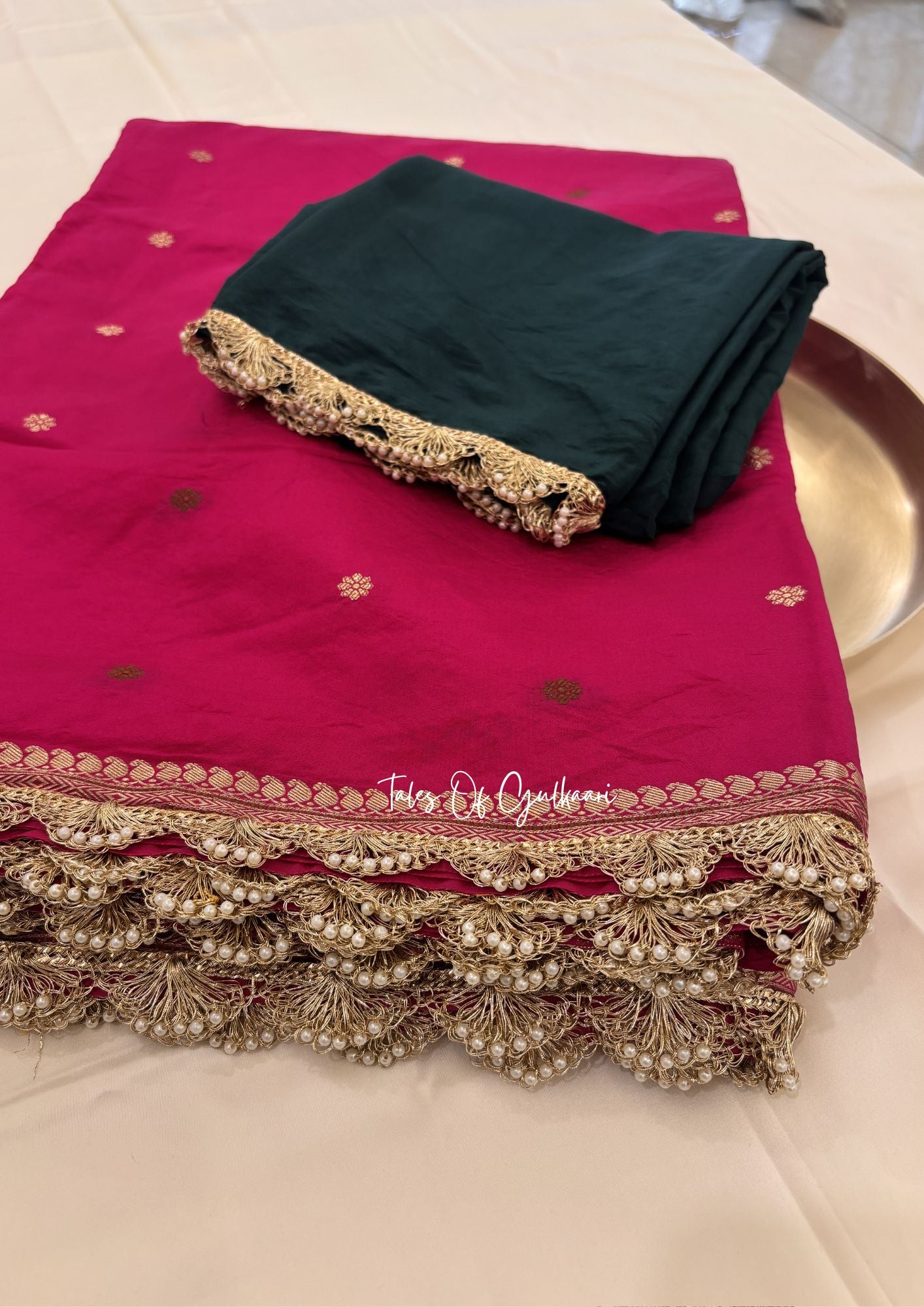 The Meher ~ Butter Silk Saree in Pink with Contrast Blouse & Lace Work