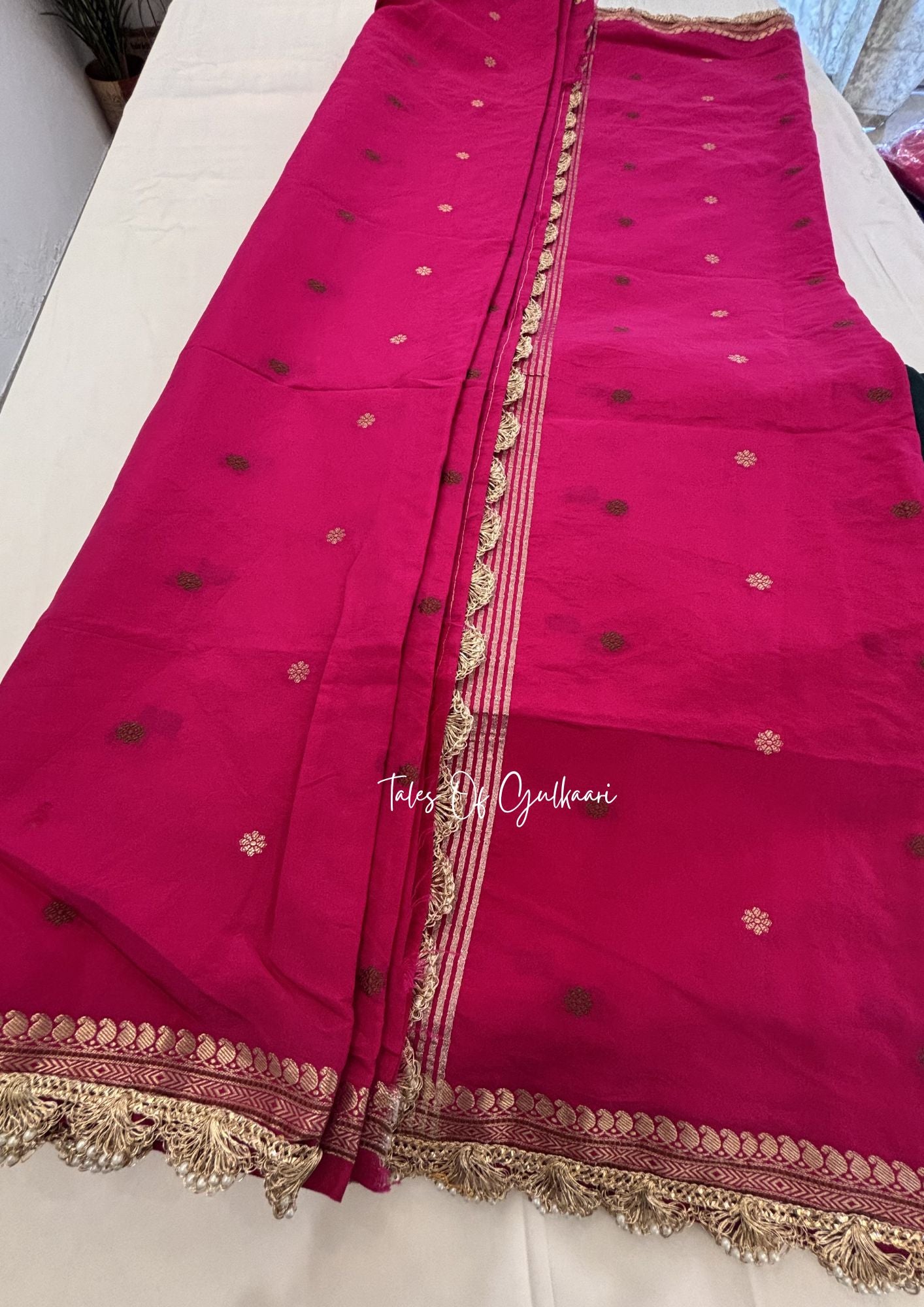 The Meher ~ Butter Silk Saree in Pink with Contrast Blouse & Lace Work