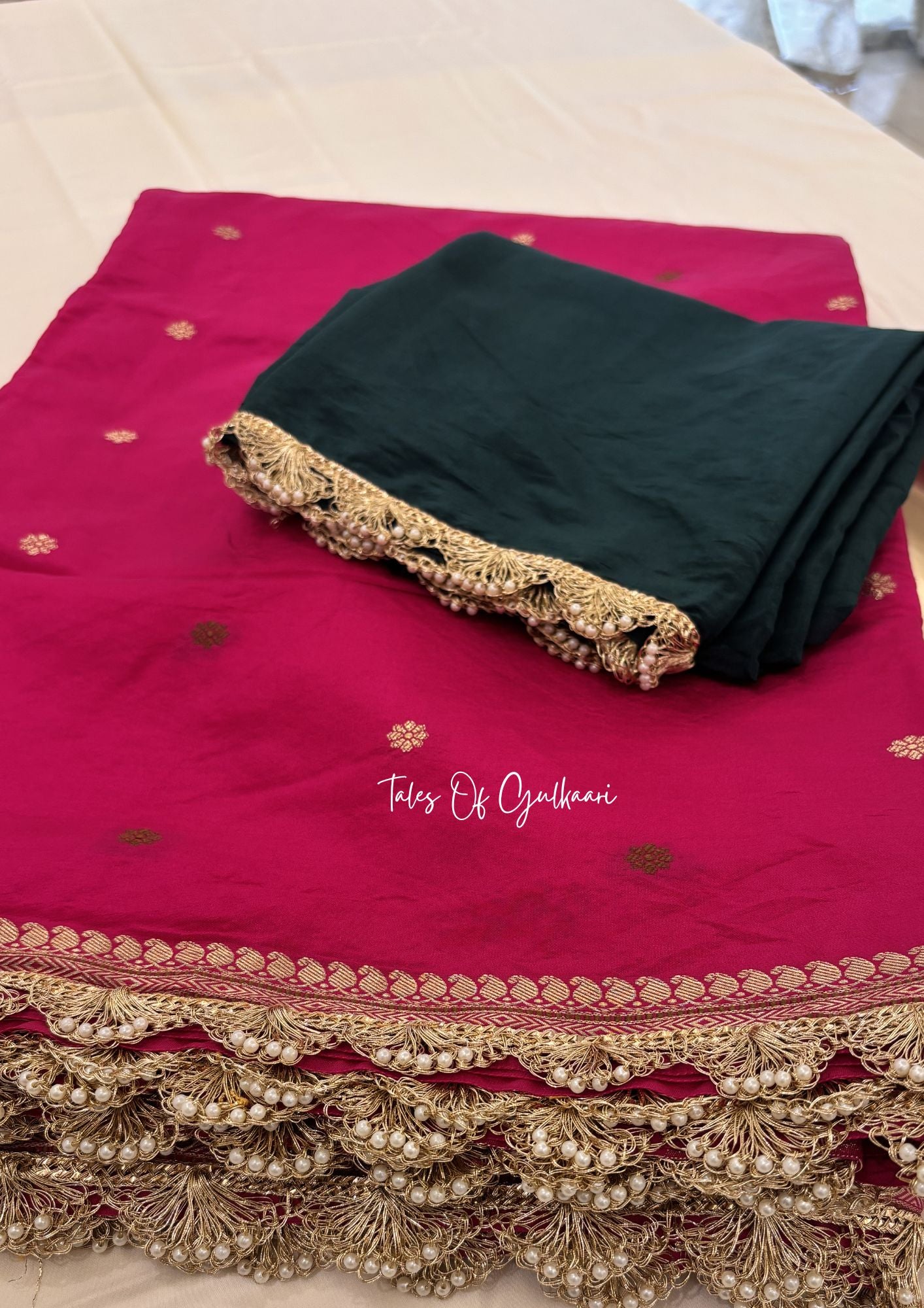 The Meher ~ Butter Silk Saree in Pink with Contrast Blouse & Lace Work